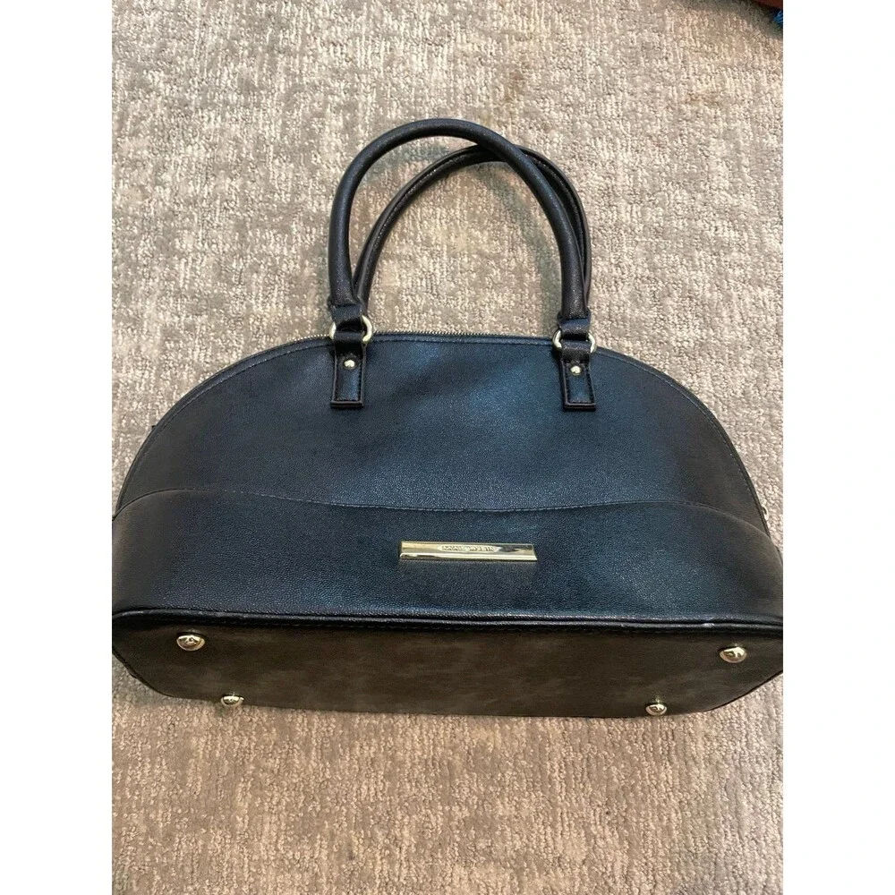 kate spade new york Black Pebbled Satchel Top Handle Bag Zip, Polka Dot Lining